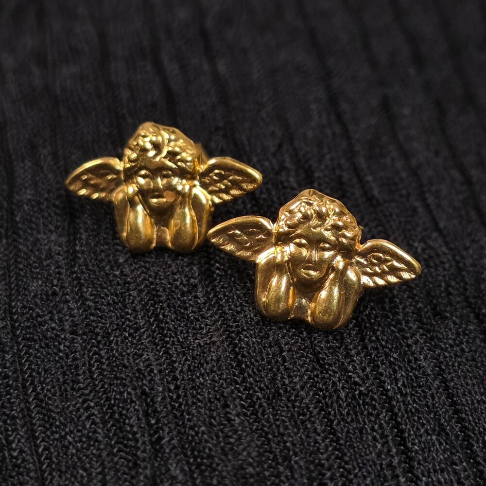 Vintage Gold Tone Cherub Angel Stud Earrings Baroque Romantic